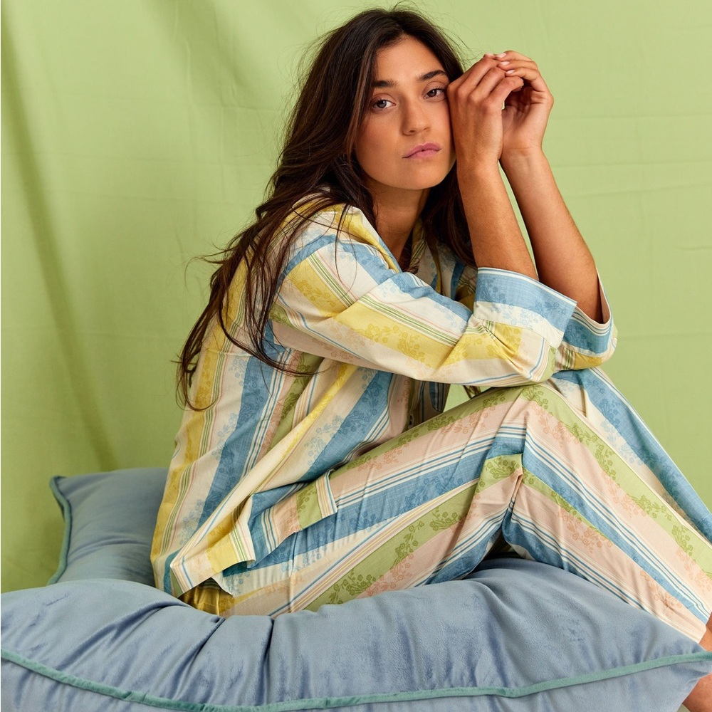 NWT PARTERRE Primrose Floral Striped Cotton Green Yellow Blue Pajamas Pants